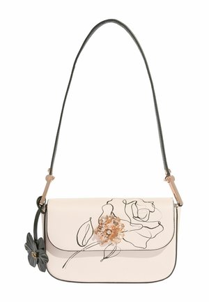 Crossbody bag in pale pink synthetic material. Features black floral line art and a metallic flower accent. Black shoulder strap with hardware.