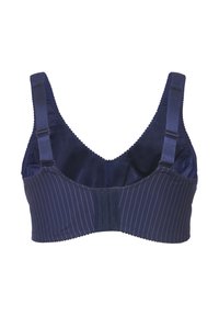 Donkerblauw beha met een streeppatroon, voorzien van verstelbare bandjes, een brede onderband en haak- en oogsluiting. Gladde satijnen textuur.