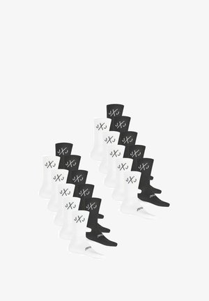 12er-Set Socken in Schwarz und Weiß, mit geripptem Muster und Logo-Akzenten. Jedes Paar zeigt ein kontrastierendes Bunddesign.