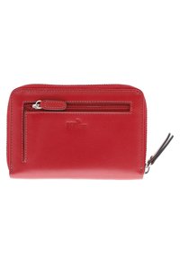 Red leather wallet featuring a zip closure, RFID protection, and a front zip pocket with contrasting white stitching.