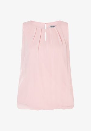 Ärmellose hellrosa Bluse mit Schlüsselloch-Ausschnitt und dezenten Falten unter dem Kragen, aus leichtem Stoff.