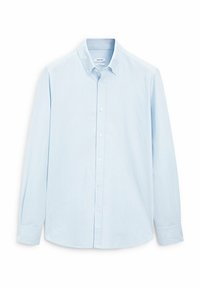 Light blue long-sleeve button-up shirt with a collar, made of textured fabric featuring subtle vertical stripes and white buttons.