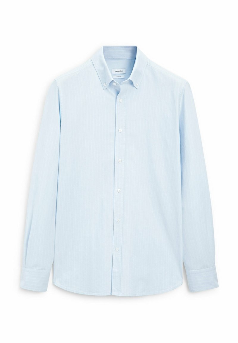 Light blue long-sleeve button-up shirt with a collar, made of textured fabric featuring subtle vertical stripes and white buttons.