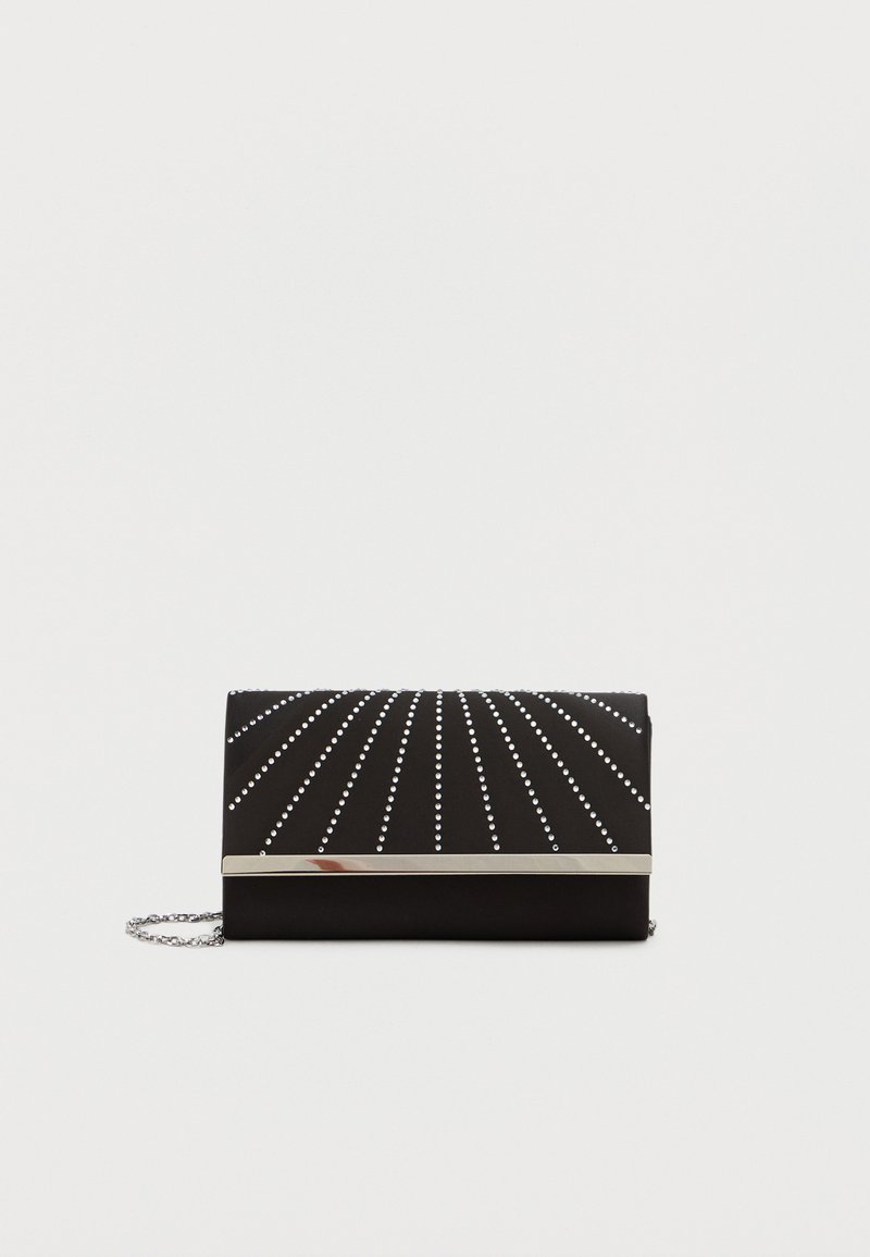 Must mustrakk mustrahar svart klamburiga, millel on sile tekstuur, esitades hõbedaseid nupuga jooni, mis kiirgavad keskpunktist, koos metallilise hõbedase luku ja ahelpaelaga.