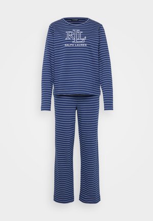 Navy striped pajama set featuring long-sleeve top with logo and matching pants. Soft fabric, relaxed fit, and white horizontal stripes.