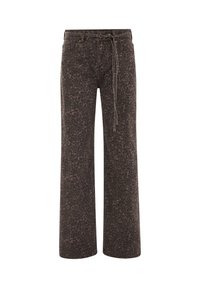 Pantalones de pierna ancha con estampado de leopardo en marrón y negro, con cintura alta, trabillas para cinturón y bolsillos delanteros. Fabricados en un tejido de algodón texturizado.