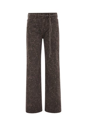 Leopardprint wijdluitende broek in bruin en zwart, met een hoge taille, riemlussen en zijzakken. Gemaakt van getextureerde katoen.