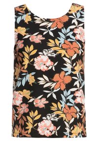 Kwiatowy top na ramiączkach z czarnym tłem, ozdobiony pomarańczowymi, różowymi i niebieskimi kwiatami oraz zielonymi liśćmi; lekki materiał, bez rękawów.
