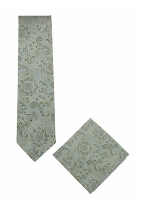 Cravate vert clair à motifs et pochette assortie avec motifs floraux et en spirale sur un fond texturé.