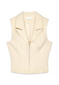 Sleeveless cream-colored fitted vest with a wide collar and front zipper. Smooth texture and structured design with subtle tailoring details.