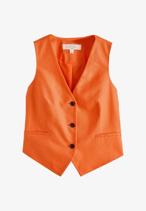 Veste sans manches orange en lin avec col en V, trois boutons noirs et deux poches avant passepoilées.