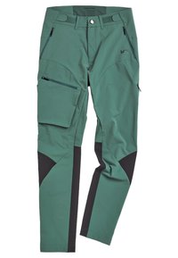 Grüne Outdoor-Hosen aus strapazierfähigem Material, ausgestattet mit einer Seitentasche, Reißverschluss-Öffnungen und schwarzen Akzenten an den Unterschenkeln.