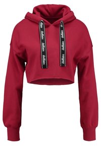 Felpa corta rossa realizzata in tessuto misto cotone. Caratterizzata da un cappuccio, maniche lunghe, lacci neri con il marchio "Hollister" e polsini a coste.
