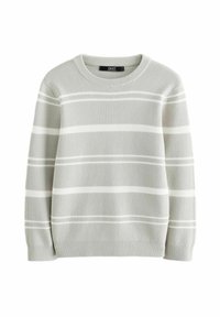 Pull gris clair avec des rayures blanches horizontales. Col, poignets et ourlet côtelés. Texture douce, coupe standard et manches longues.