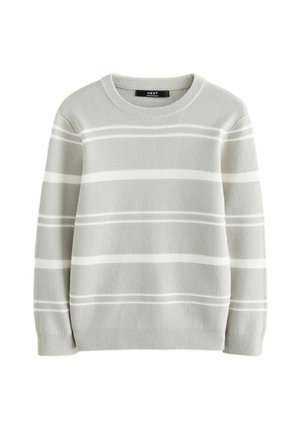 Jasnoszary sweter z białymi poziomymi paskami. Rybkowany dekolt, mankiety i dół. Miękka tekstura, standardowy krój i długie rękawy.