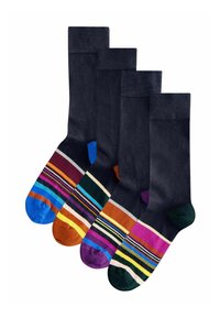 Quattro paia di calze in design navy e a fantasie. Comprende calze di un blu navy solido, motivi a righe colorate e colori del piede contrastanti. Materiale in misto cotone.