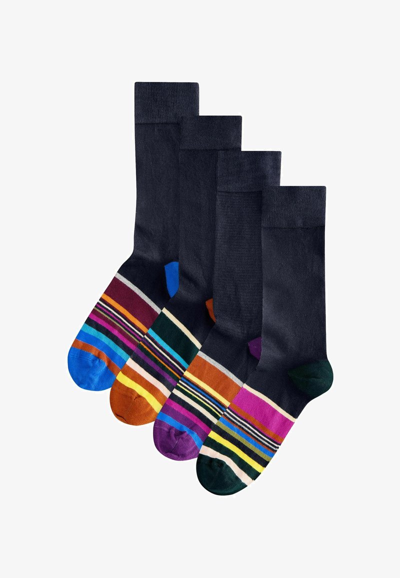 Patru perechi de șosete în nuanțe de bleumarin și modele. Include șosete bleumarin uni, cu modele în dungi colorate și culori contrastante pentru vârfuri. Material din amestec de bumbac.