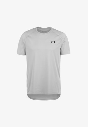 Hellgraues, kurzärmeliges Sport-T-Shirt mit Rundhalsausschnitt, atmungsaktivem Material und einem schwarzen Logo auf der oberen linken Brust. Mit abgerundetem Saumdesign.