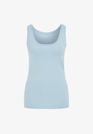 Lyseblå ærmeløs tanktop med rund halsudskæring, lavet af glat, elastisk stof, vist på en ensfarvet hvid baggrund.