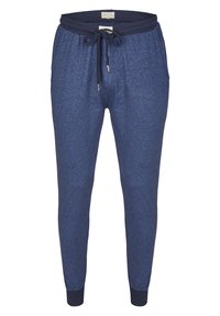 Marineblauwe joggingsbroeken gemaakt van textuurstof, met een elastische tailleband met een trekkoord en ribgebreide boorden bij de enkels.