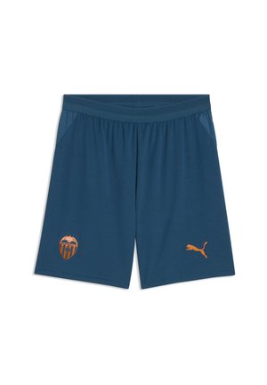 Mørkeblå sportsshorts med elastisk talje, med en orange Valencia CF-logo til venstre og en orange Puma-logo til højre.