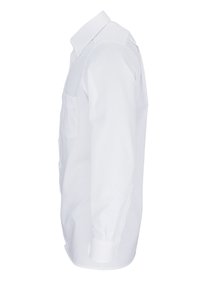 Weißes Langarmshirt mit spitzem Kragen, einer Brusttasche, geknöpften Manschetten und glatter Stoffstruktur. Klassisches gerades Design.