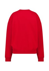 Rode sweatshirt, katoenmengsel, ronde hals, lange mouwen, ribgebreide manchetten en zoom, zachte textuur, ontspannen pasvorm, geen zichtbare logo's of patronen.
