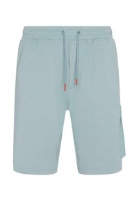 Pantalones cortos de tiro elástico en un suave azul claro, con cordón, bolsillos laterales y un bolsillo de carga. Tela suave con una textura lisa.