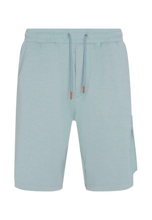 Svetlo modri hlače s elastiko in vrvico, stranskima žepoma in naprednim žepom. Mehka tkanina z gladko teksturo.