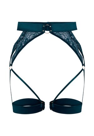 Dark teal strappy lingerie harness with lace panels and gold ring accents, displayed flat on a white background.