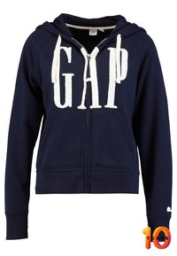 Marine blauwe ritssluiting hoodie van een katoenmix, met het witte "GAP" logo op de borst, voorzakken, en ribgebreide manchetten en zoom.