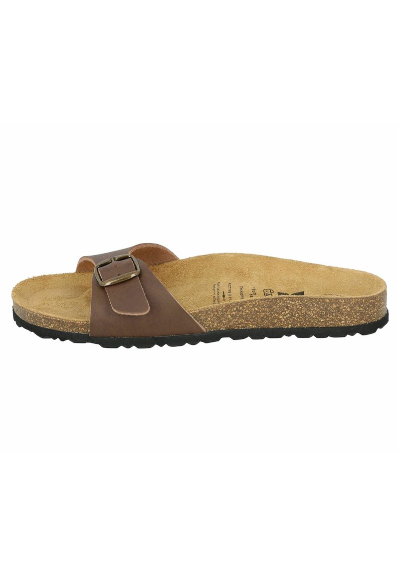 Brown synthetic slide sandal with a buckle strap, cork footbed, and textured rubber sole. Simple design featuring an open toe style.