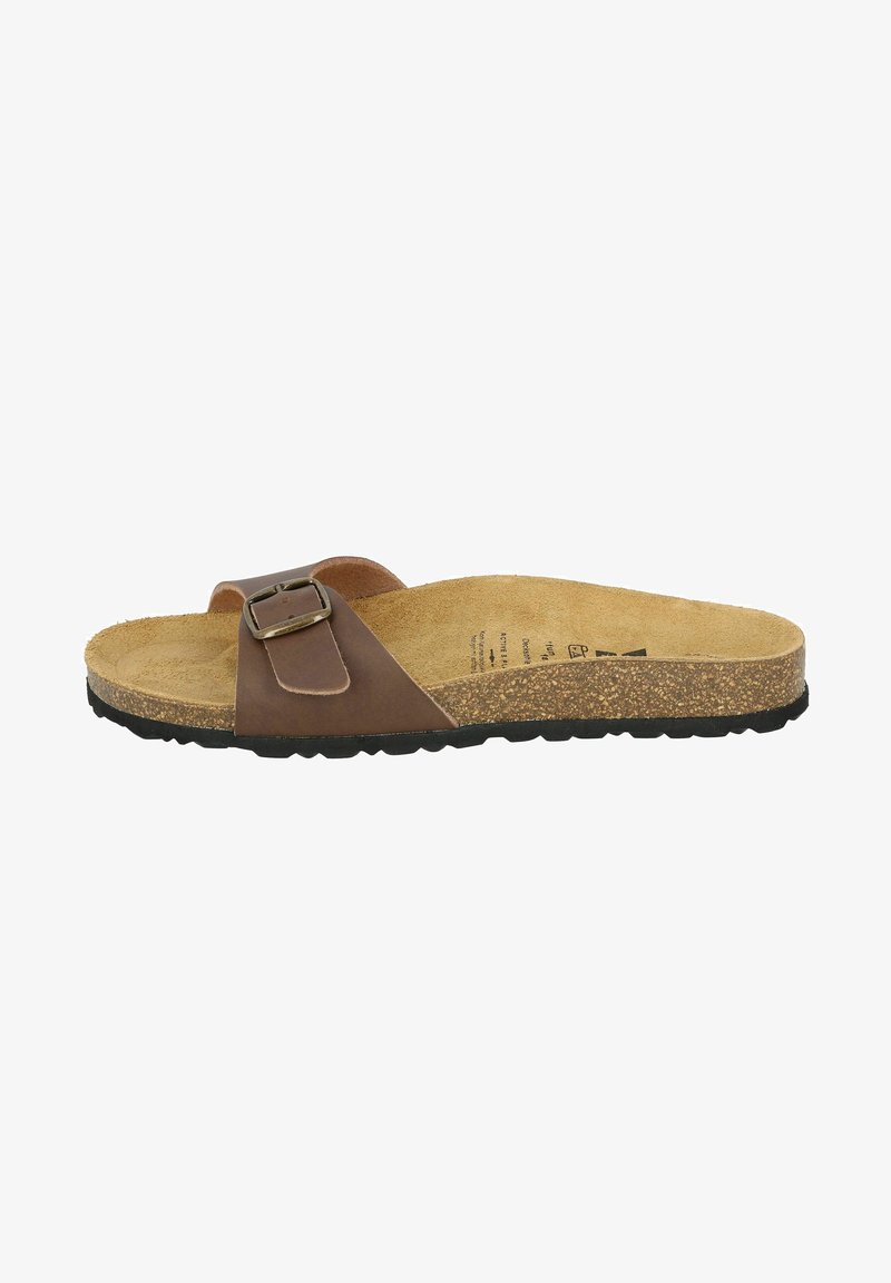 Brown synthetic slide sandal with a buckle strap, cork footbed, and textured rubber sole. Simple design featuring an open toe style.