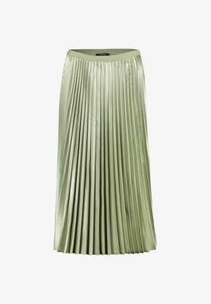 Pleated midi skirt in light green satin. Features an elastic waistband and vertical pleats for movement. Smooth texture with a glossy finish.