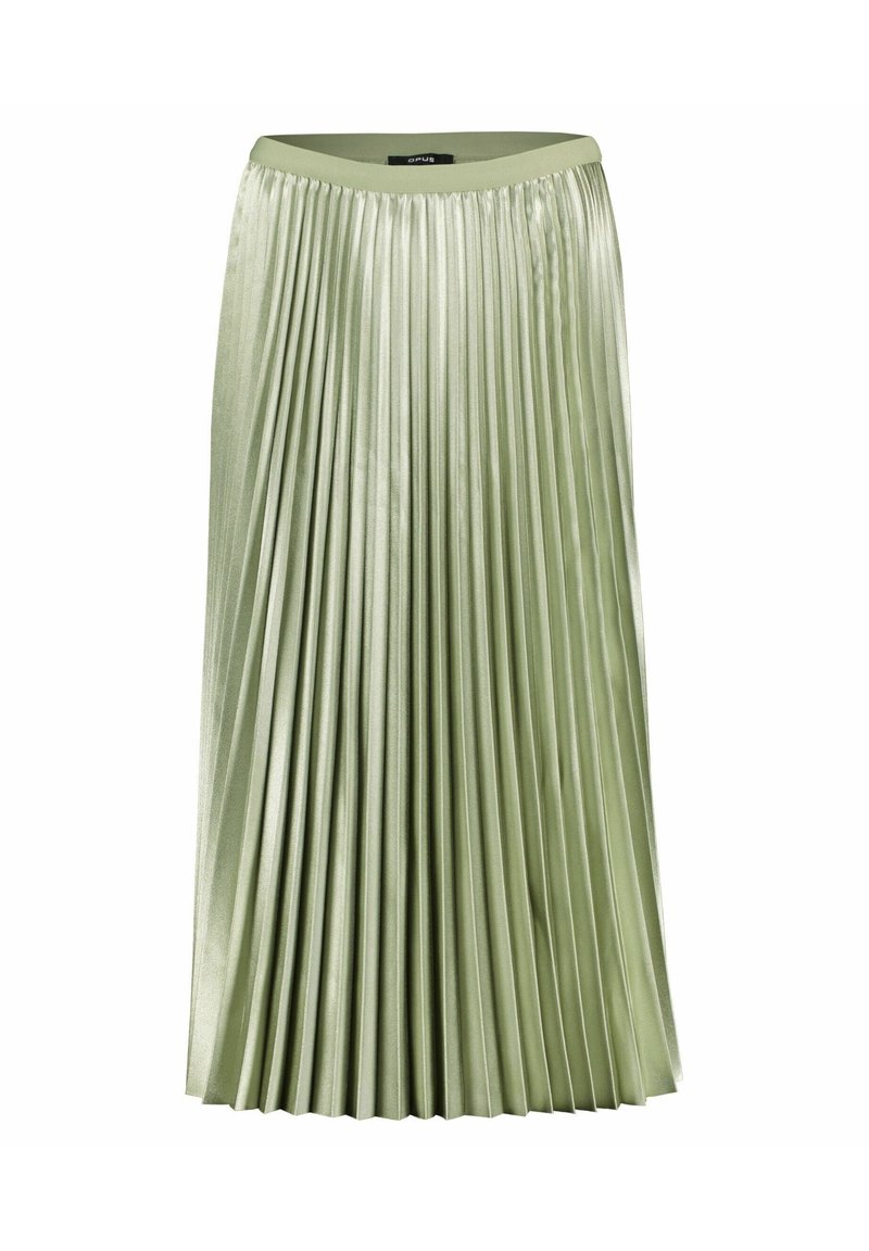 Plisserad midikjol i ljusgrön satin. Har resår i midjan och vertikala veck för rörelse. Slät textur med en glänsande finish.
