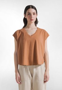 Kortærmet, rustfarvet top med V-hals, lavet af blødt stof. Nederste kant er let kort og lige. Kombineret med lyse beige bukser.