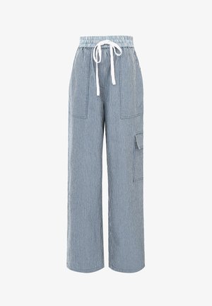 Gestreifte weite Hosen in Blau und Weiß, mit einem Kordelzugbund, zwei Vordertaschen und einem lockeren, atmungsaktiven Gewebe-Design.