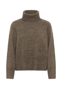 Brązowy dziany sweter z golfem, z długimi rękawami i ściągaczami przy rękawach oraz dole, wyeksponowany na białym tle.