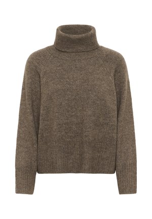 Jersey de cuello alto marrón de punto con mangas largas y puños y dobladillo de canalé, exhibido sobre un fondo blanco.