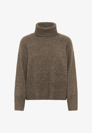 Pruunist kudumist turtleneck sviiter, millel on pikad varrukad ja soonikust mansetid ning äär, esitatud valge tausta ees.