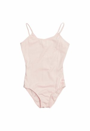Costume da bagno rosa chiaro con spalline sottili, texture liscia, design aderente e un piccolo dettaglio con logo sul lato.