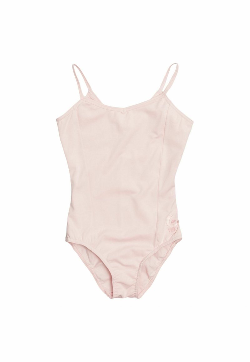 Costume da bagno rosa chiaro con spalline sottili, texture liscia, design aderente e un piccolo dettaglio con logo sul lato.