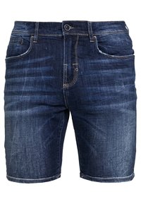 Denim shorts in dark blue with light fading. Features five pockets, a front zipper, and a button closure. Straight cut with stitched hem.