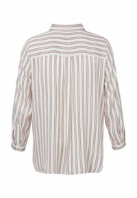 White shirt with vertical pink and navy stripes, long sleeves with rolled cuffs, and a back yoke detail. Lightweight fabric with slight sheen.