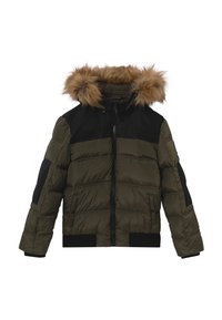Olive green puffer jacket with a black panel and fur-lined hood. Features a zip closure, ribbed cuffs, and quilted texture.