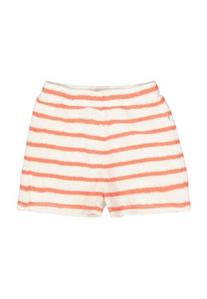 Baumwollshorts mit horizontalen weißen und orangefarbenen Streifen, weicher Textur und elastischem Bund für Komfort. Keine Taschen sichtbar.
