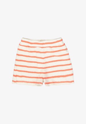 Pantalones cortos de algodón con rayas horizontales blancas y naranjas, de textura suave y cintura elástica para mayor comodidad. No se ven bolsillos.