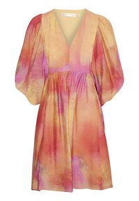 Abito con scollatura a V e maniche a sbuffo voluminose. Presenta un motivo ad acquerello nei toni di rosa, arancione e giallo. Realizzato in tessuto leggero.