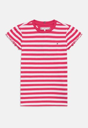 T-shirt a righe rosse e bianche con maniche corte ritagliate e un piccolo logo sul petto. Realizzata in morbido cotone.