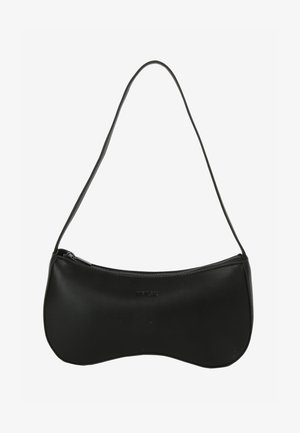 Sort skuldertaske i læder med buet form, lynlås og enkelt tynd skulderrem; glat tekstur og diskret præget logodetalje.